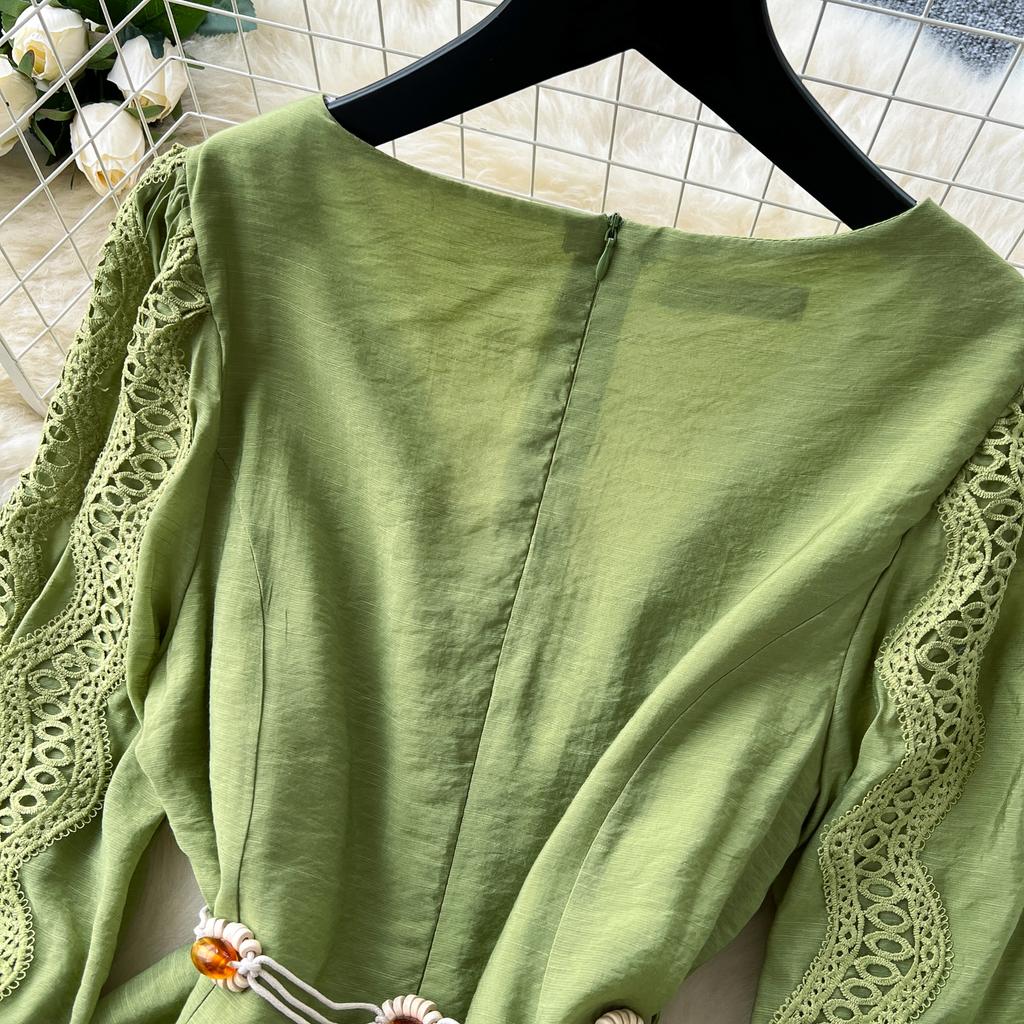 Spring Summer Women V-neck Lantern Sleeve Embroidery Lace Patchwork Chic Dresses With Belt