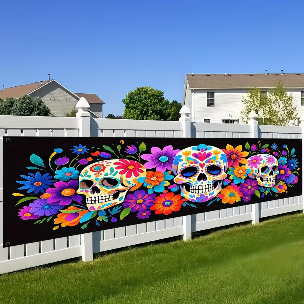 1Pcs Day of The Dead Sugar Skull Banner Floral Pattern Dia De Los Muertos Outdoor Patio Halloween Party Wall Decor