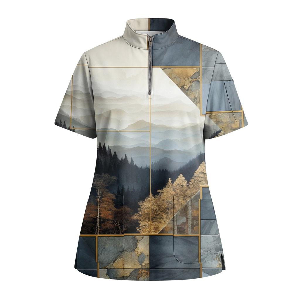 Women's Short Sleeved Printed V-neck Buttonable Side Slit Top T-shirt