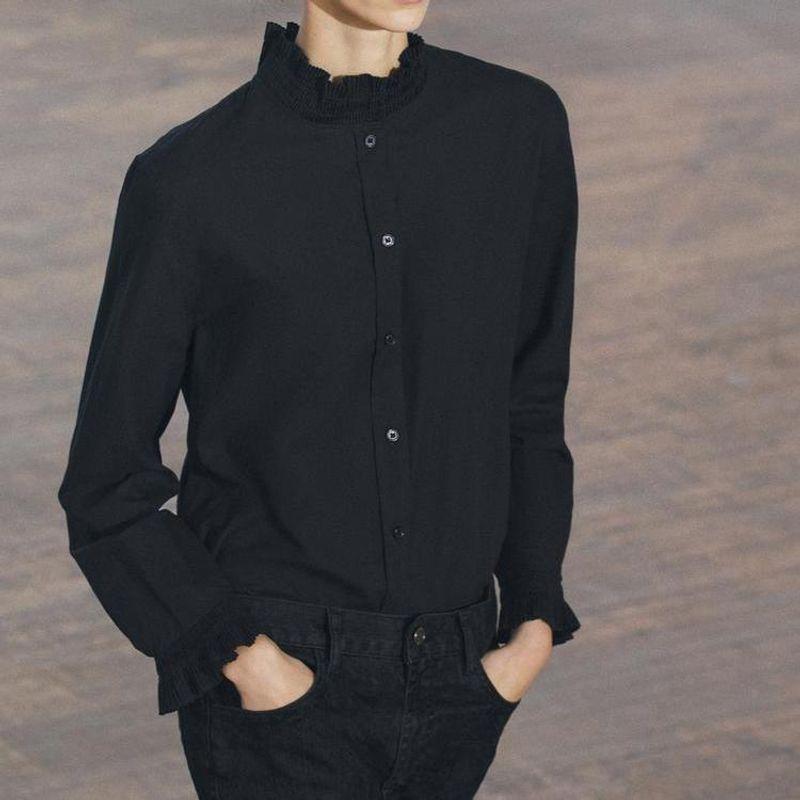 Fall and Winter New Women's Clothing Fashion Style Cotton Small Pleated Laminated Decoration Stand Collar Long Sleeves Shirt 4786277