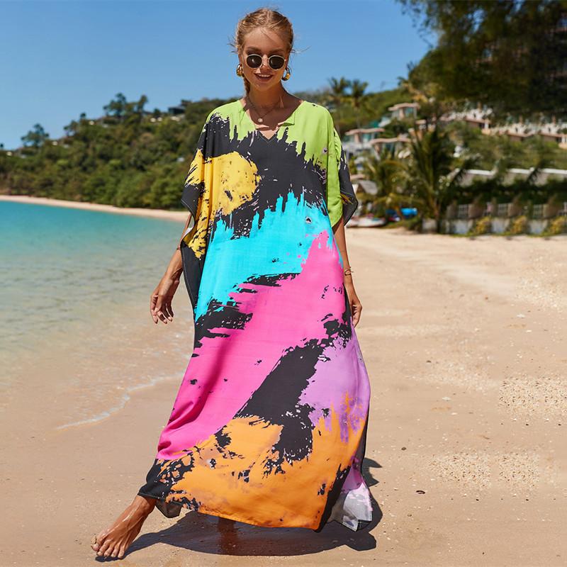 2022 Multicolored Kaftan Bohemian Printed V-neck Batwing Sleeve Street Wear Maxi Dress Women Beach Wear Swim Suit Cover Up Q1342