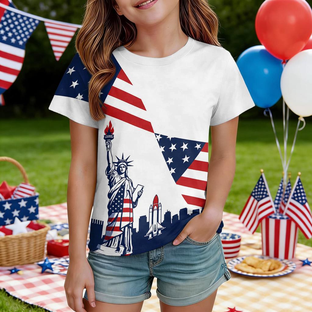 Kids Independence Day Print Round Neck Short Sleeve Casual T-shirt