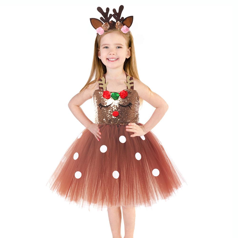 Brown Sequin Deer Costumes for Girls Christmas Princess Dresses Kids Reindeer Cosplay Outfit Children New Year Clothes Xmas Gift