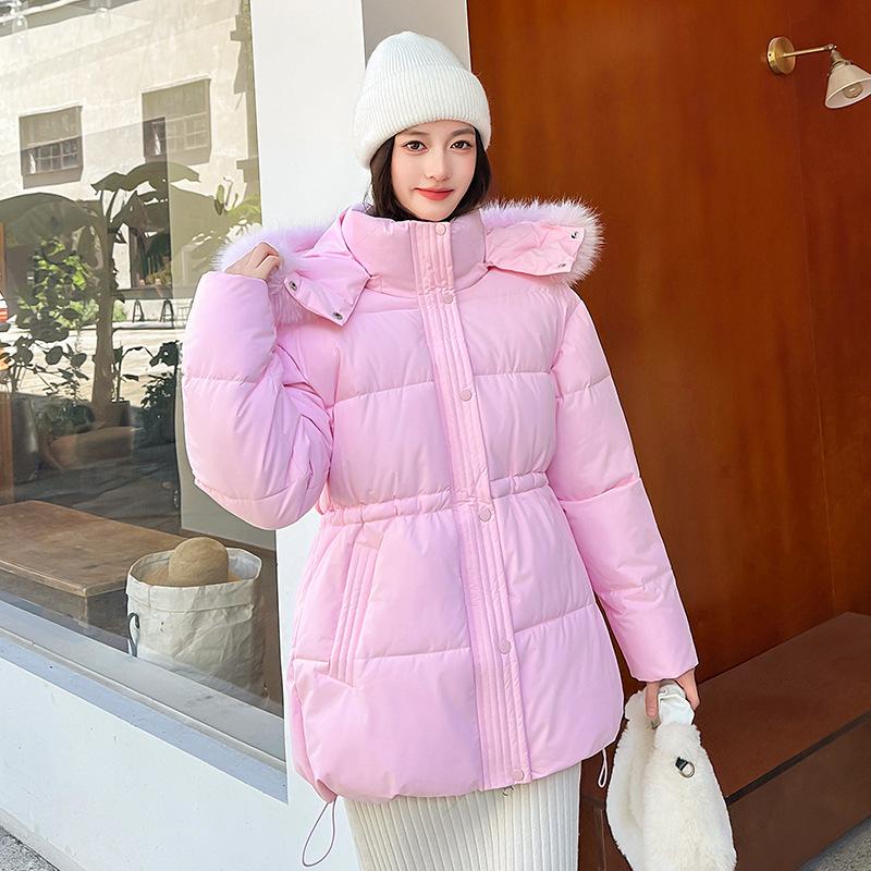 Atmosphere women's cotton-padded clothes, large twill fur collar, hooded medium and long drawstring, waist, daily travel looks good