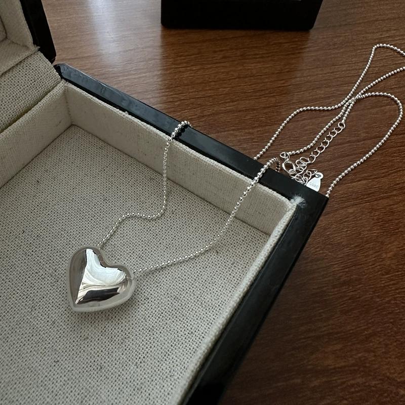 FY- 12TL35 S925 Silver Korean Version Basic Design Smooth Heart Necklace Korean Style Fashion Minimalist Texture Sweater Chain