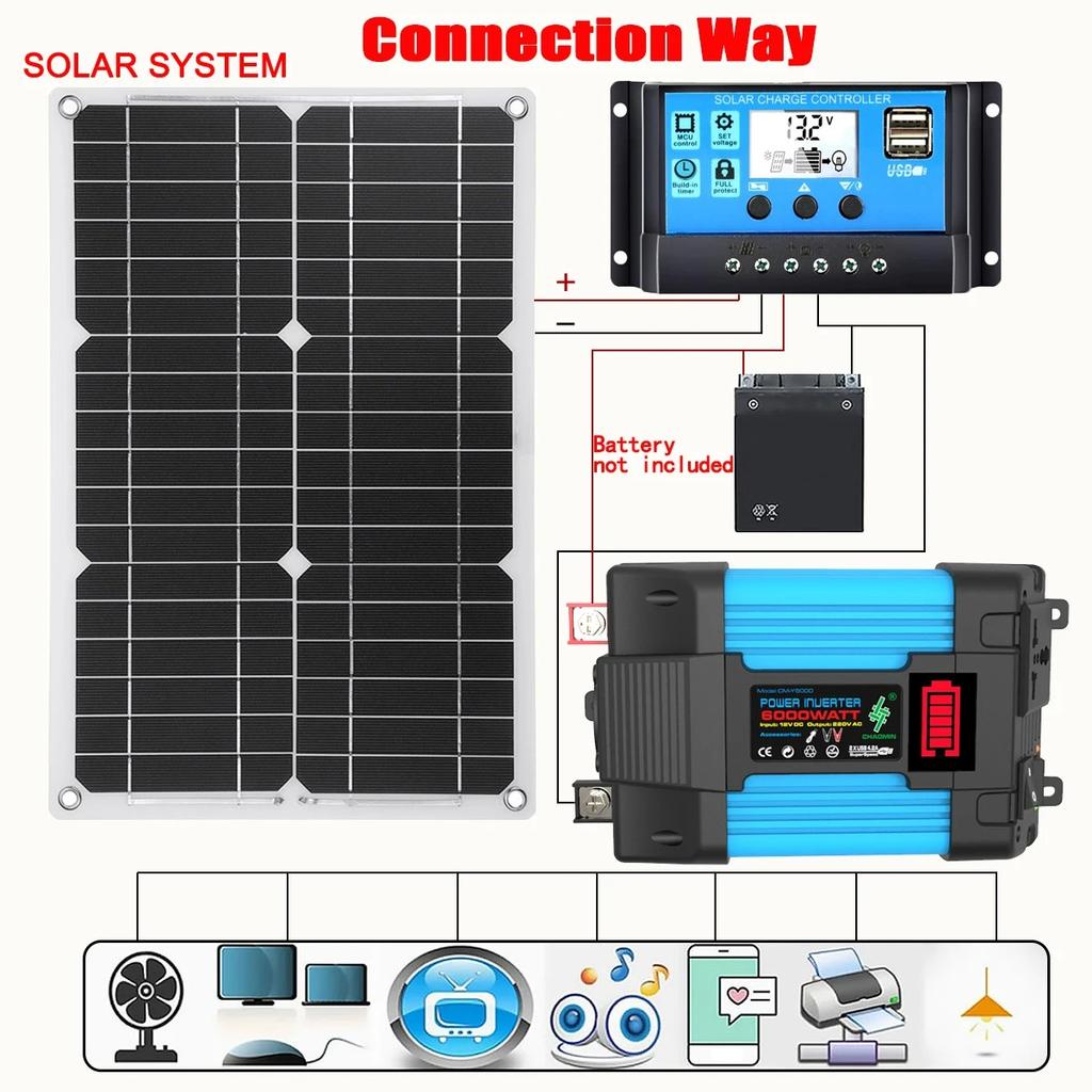 6000W Solar System Complete Kit 12V To 110V/220V 100A Controller 2*300W Panel Off-Grid Inverter System for Home/Camping Backup