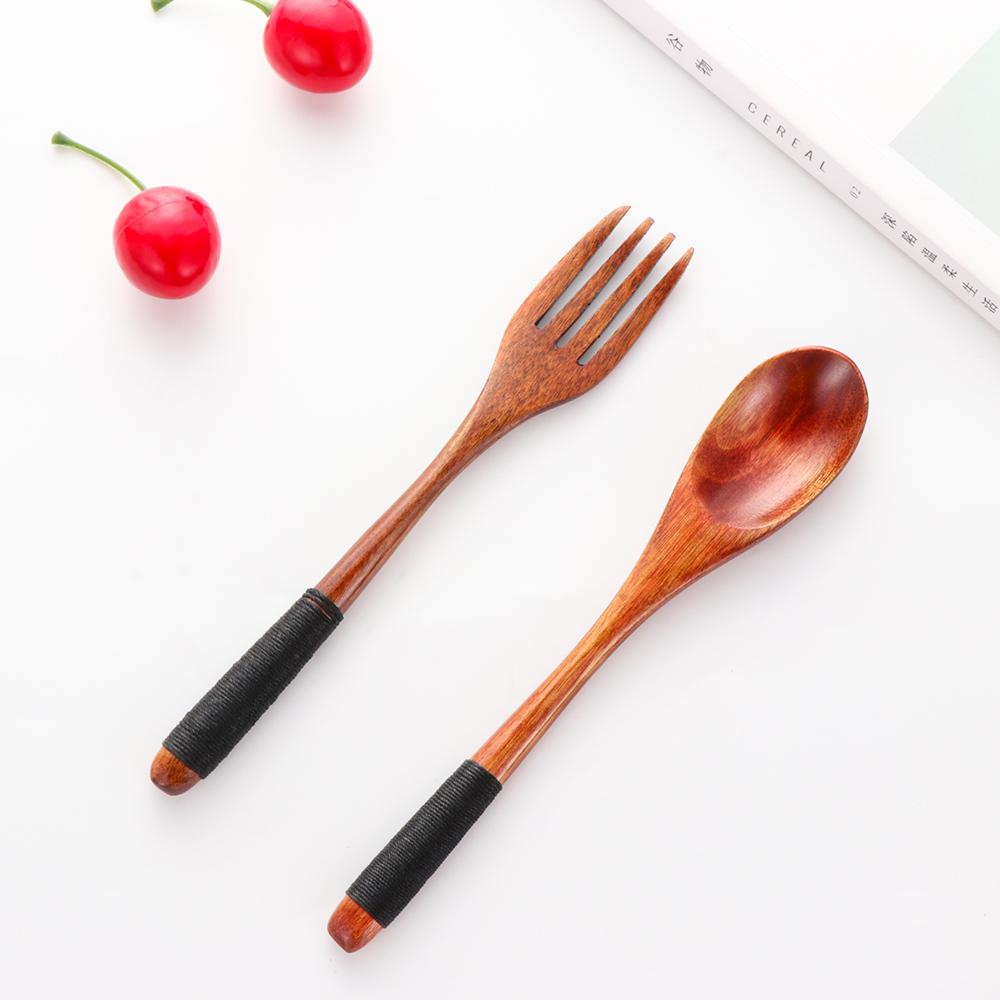 Kitchen Handmade Cloth Bag Portable Spoon Fork Wooden Natural Cutlery Set Tea Scoops