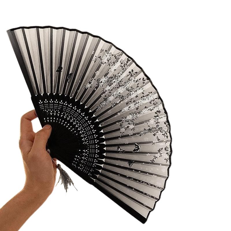 Weiblicher antiker Tanz-Fächer, faltbar, neuer chinesischer Stil, chinesische Kleidung, antiker Stil, Handgepäck, Schwarz