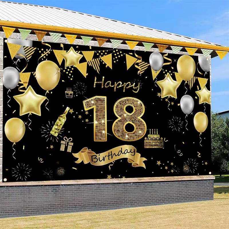 2D 18th Birthday Photography Backdrop, Black & Gold Glitter Party Background