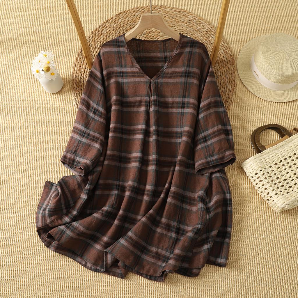 DIMANAF 2026 Summer New Plus Size Women T-Shirts Casual Blouse Shirts Lady Tops Tees Cotton Oversized Vintage Print Plaid