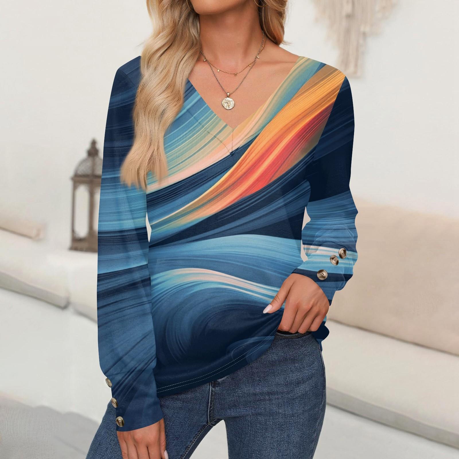 

Женские топы с цветочным принтом, рубашка с длинным рукавом и V-образным вырезом, повседневная свободная футболка, осенняя одежда L темно-фиолетового