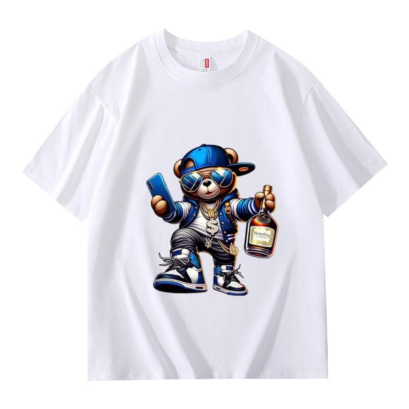 Men's Summer 100% Cotton Fashionable Casual Loose Large Size Cartoon Bear Printed Sports Round Neck Short Sleeve T-shirt Top