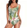 Women's Swimsuit with Tropical Leaf and Floral Print Adjustable Side Drawstring Scoop Neck Bathing Suit