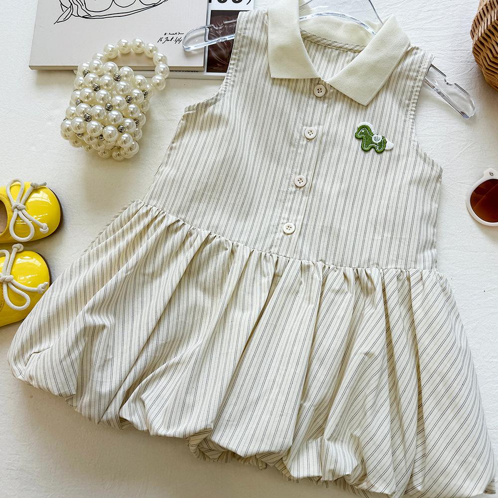 Girls Summer Breathable Striped Sleeveless Polo Dress With Pony Embroidery Bud Vest Skirt For Kids 90cm