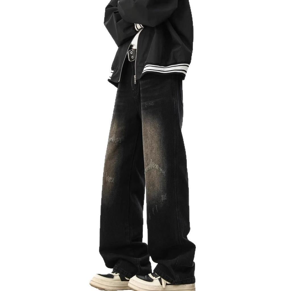 Washed old style pants men's and women's spring and summer loose American retro rough edge straight loose wide-leg jeans