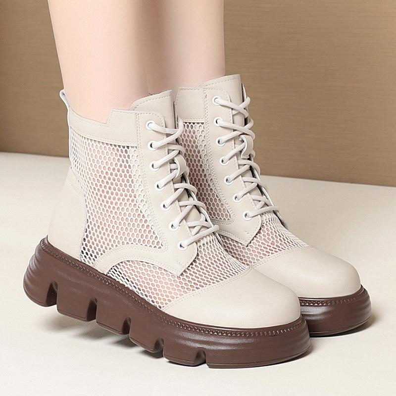 5cm Breathable Comfortable Thick Bottom Falt Paltform Shoes Women Ankle Boots Summer 2025 Cutout Mesh Leather Boots Office Mom