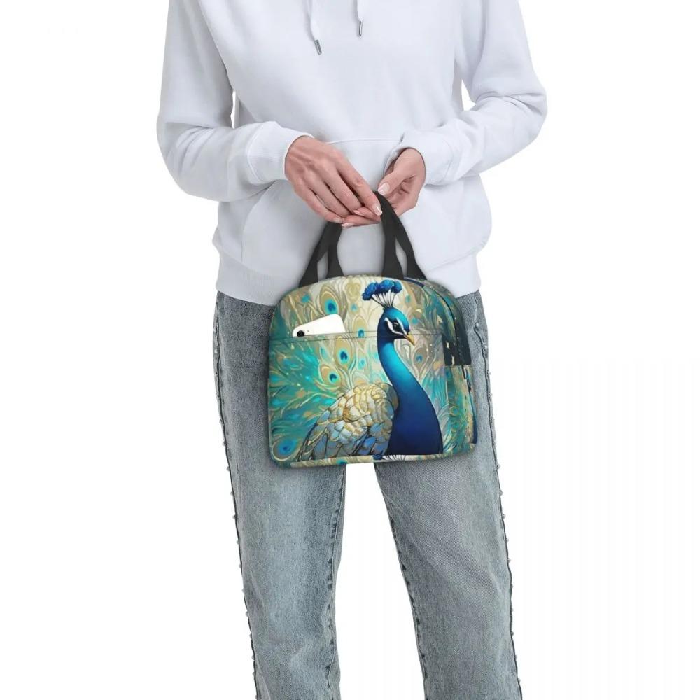 Colorful Peacock Feather Insulated Lunch Bag for Women Children Portable Food Boxes Thermal Lunch Box Tote