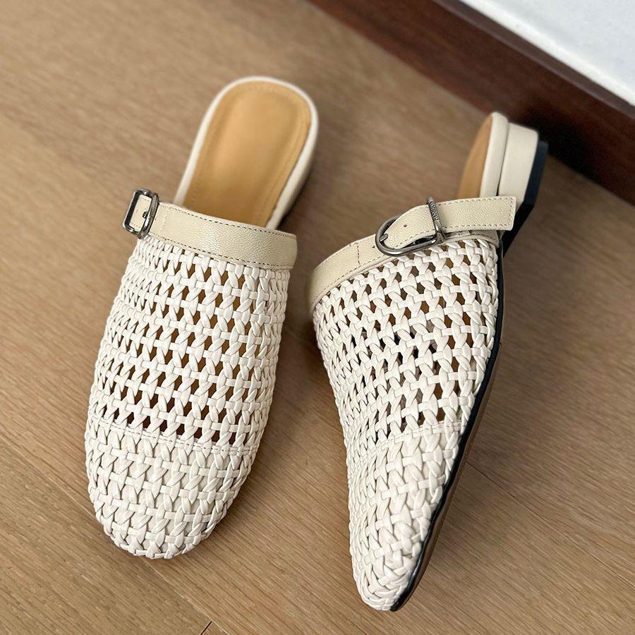 Niche woven hollow baotou half slippers women's 2025 summer new outer wear flat-soled Muller shoes sandals hole shoes