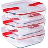 Set of 3 Lunch Boxes - - Cook & Heat - Glass - Square - Lid with Special Microwave Steam Valves - 1 L