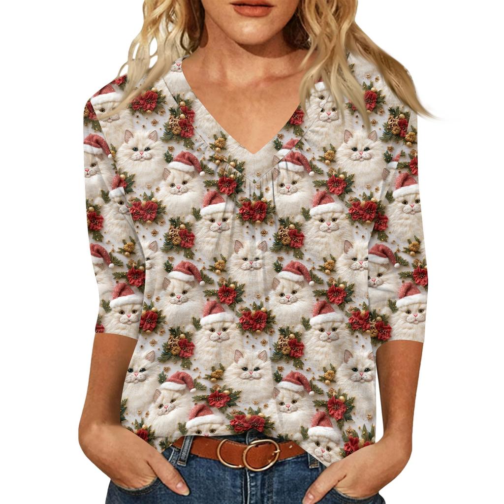 Women's Fashion Casual V-Neck Christmas Print 3/4 Sleeve Top for Holiday Everyday Wear