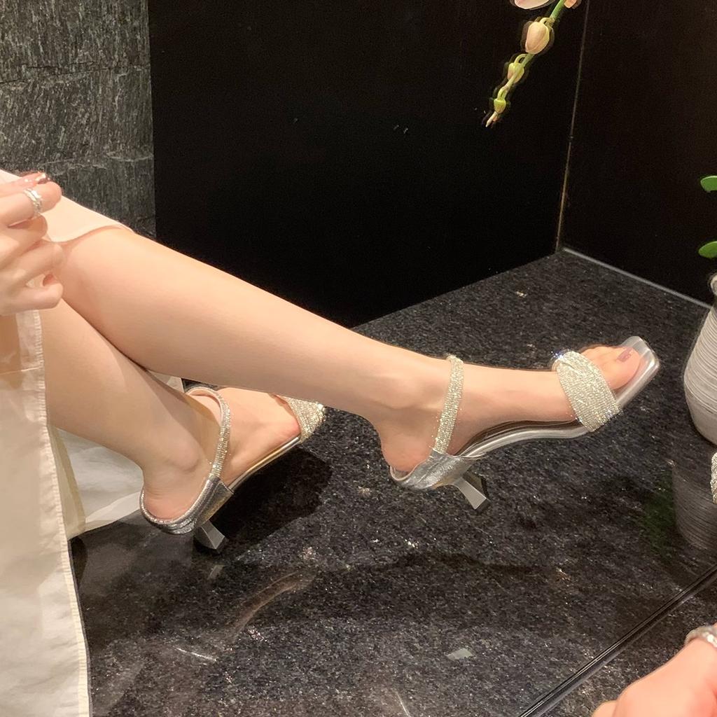 Genuine leather~ beautiful flash diamond 6cm cross word with open toe high heel sandals women's summer