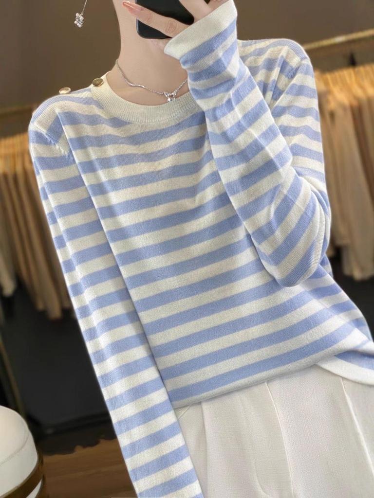 Women's Spring Wool Color Block Striped Long Sleeve Knit Top - Round Neck Loose Pullover Sweater