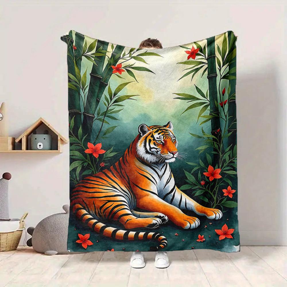 1pc Bamboo Forest Tiger Blanket - Lightweight Flannel Fleece with Digital Printing, Soft Warm for Sofa, Travel, Camping, Office Yy251018316