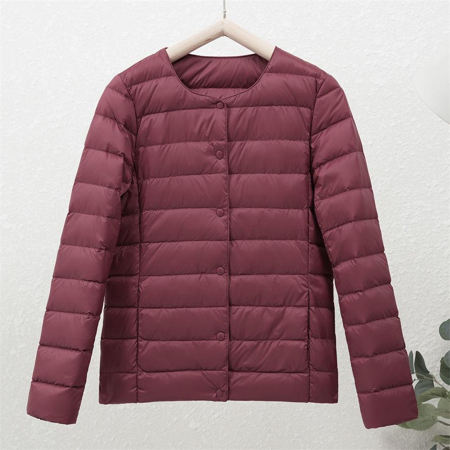 Women's 90% White Duck Down Lightweight Short Jacket - Round Neck, Solid Color, Warm and Collarless for Autumn/Winter