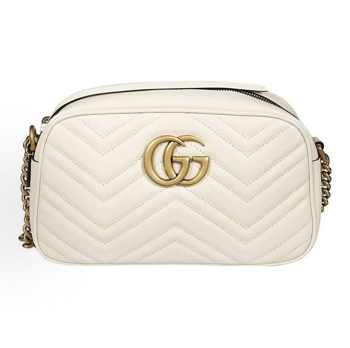 

Gucci Gg Marmont Золотий Логотип Ланцюжок Стегана Шкіра Сумка для Камери Сумка-Месенджер Жіноча Біла білий