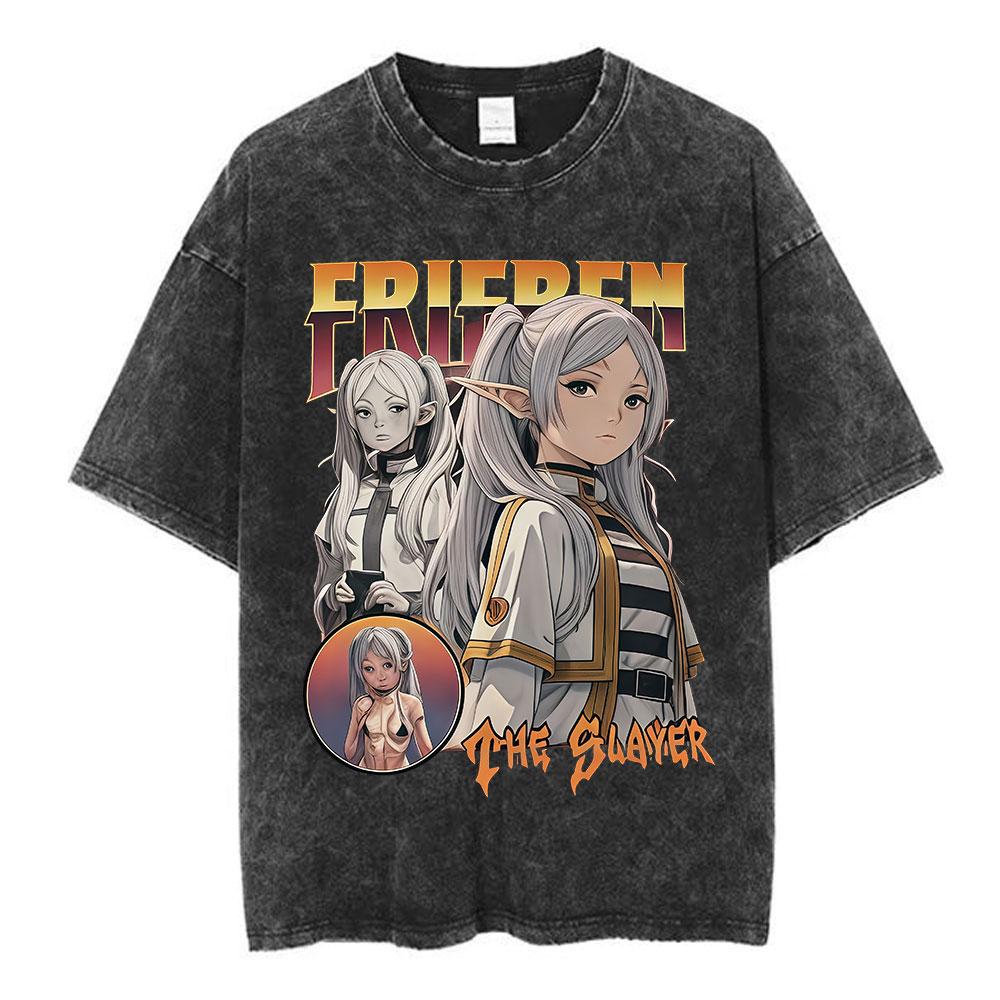 Anime Frieren Beyond Journeys End Frieren Washed Vintage Tshirt Men Women Fashion Manga Tshirts High Quality Cotton T Shirts