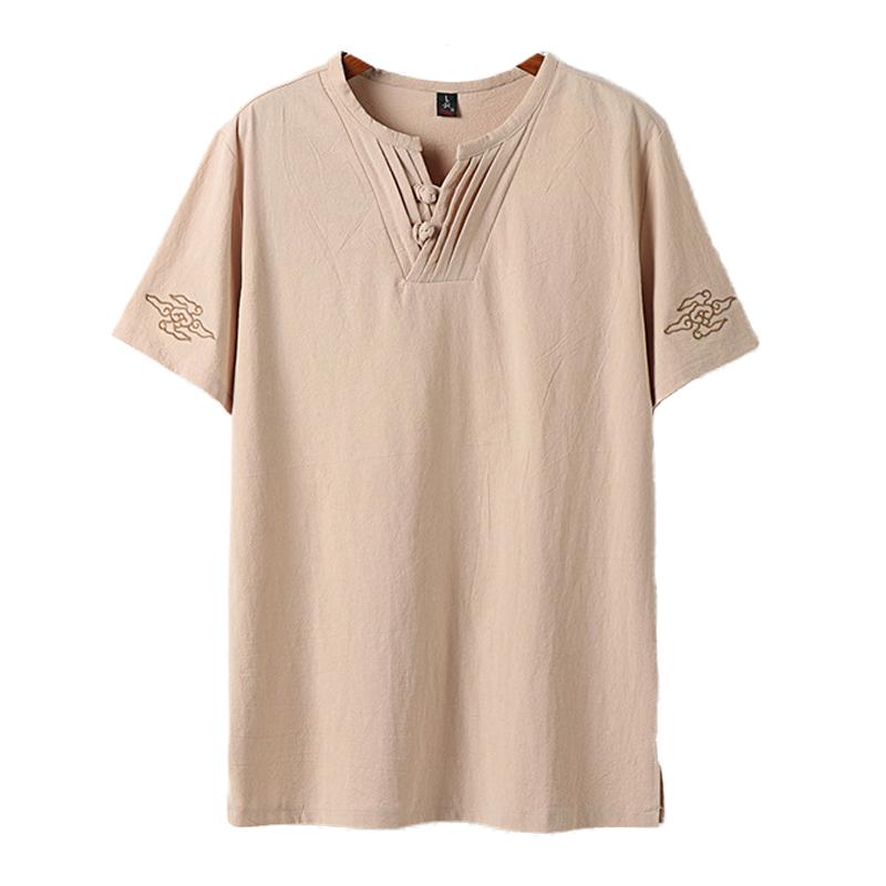 Summer thin linen short-sleeved T-shirt set men's Chinese cotton and linen half-sleeved top retro trend V-neck t-shirt