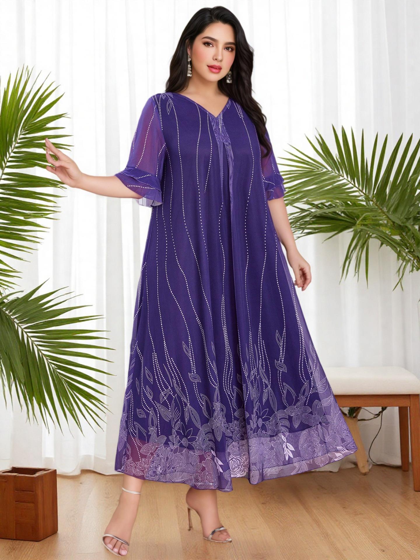 Elegant V-neck Printed Plus Size Dress - Middle East Style 2XL фиолетовый