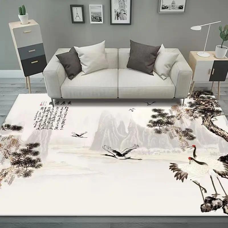 Pink Peach Blossom Ink Landscape Rug, Elegant Chinese-Style Home Decor Carpet with Poetic Mountain-Water Charm for Living Space