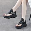 Fashion High Quality 7CM Cow Genuine Leather Black Flip On Slippers Pumps Hook Mary Jane Sandals Platform Wedge Women Summer Shoes Flats