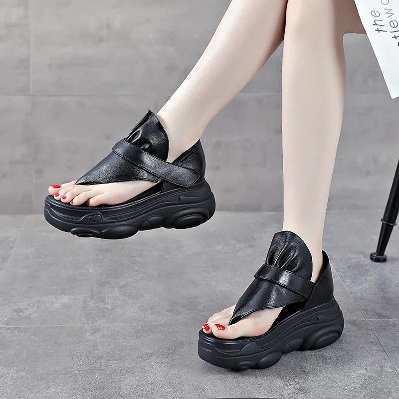 Fashion High Quality 7CM Cow Genuine Leather Black Flip On Slippers Pumps Hook Mary Jane Sandals Platform Wedge Women Summer Shoes Flats