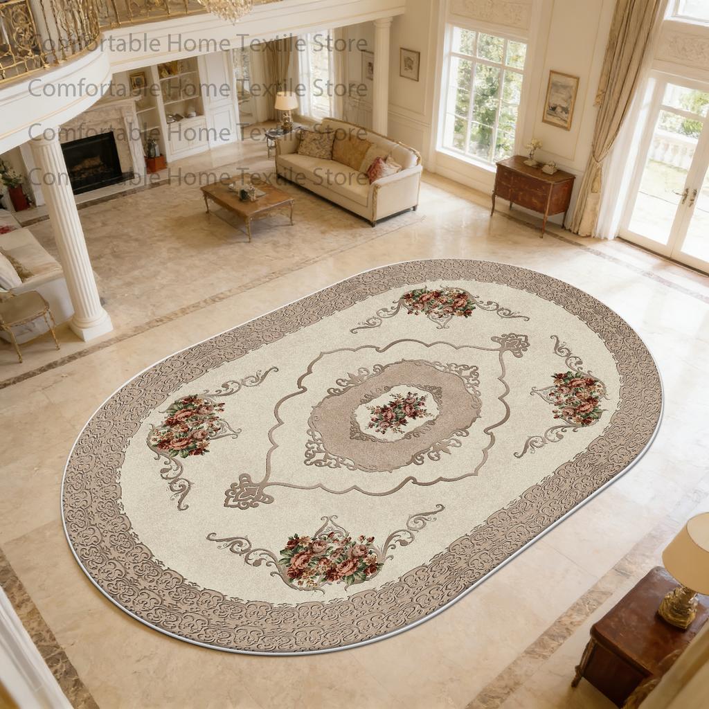 European Luxury Style Oval Living Room Carpet Decoration Bedroom Bedside Non-slip Soft Rug Washable Short Velvet Fluffy Foot Mat