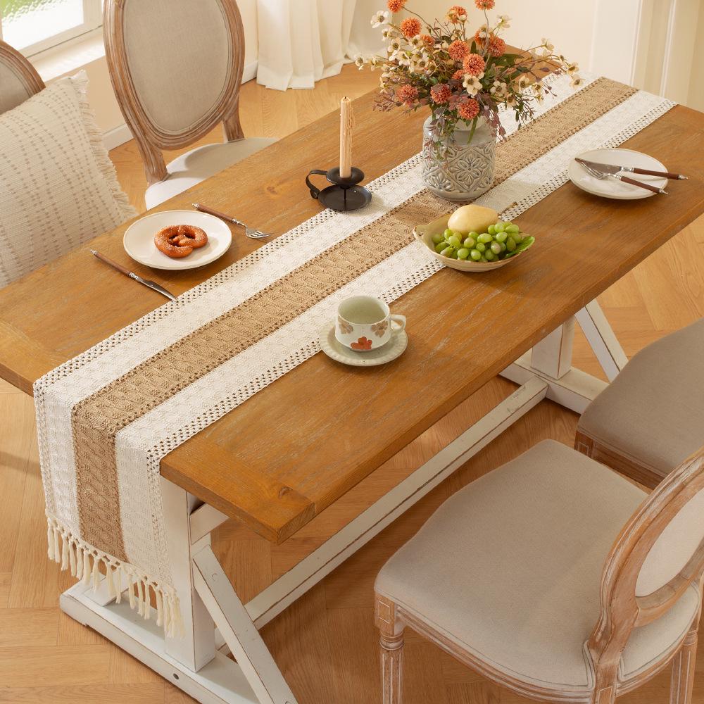 Nordic Light Luxury Cotton Linen Color Block Tassel Table Runner