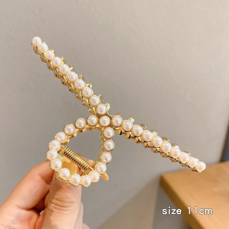Korean-Style Pearl Metal Hair Claw Clip - Simple, Large, Elegant Shark Clip for Girls