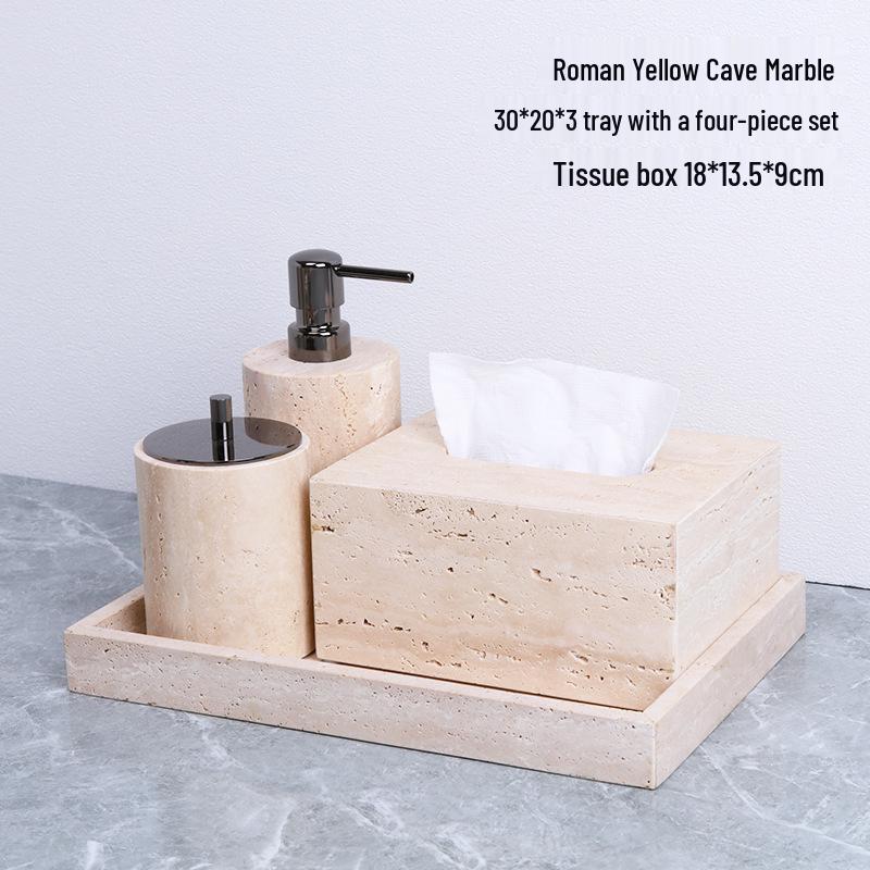 Badezimmerset aus gelbem Marmor im chinesischen Stil: Tablett, Aromatherapie-Ornament, Handseifenspender & Taschentuchbox.