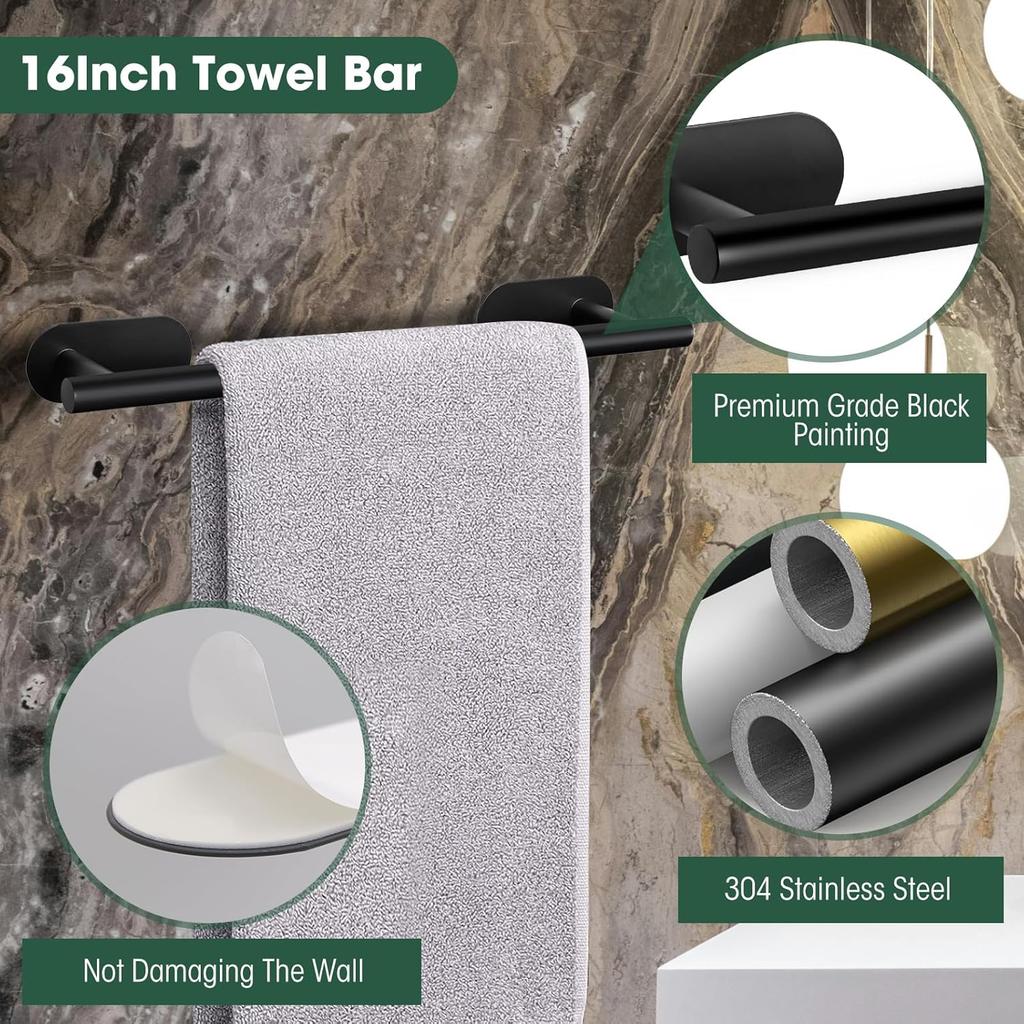 4-Pieces Bathroom Hardware Set, Adhesive Matte Black Bathroom Accessories Including 16in Bath Towel Bar, Toilet Paper Holder, Towel Ring, Hooks,