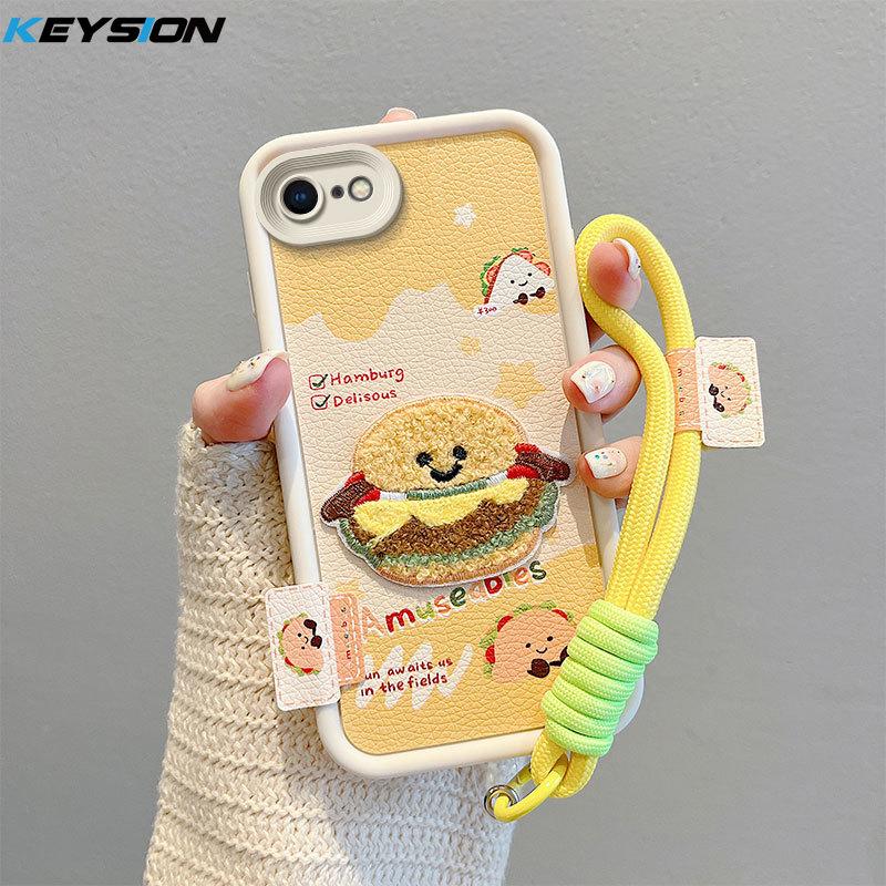 KEYSION Cartoon Cute Plush Embroidery Case for iPhone SE 2020 2022 with Lanyard Shockproof Phone Cover for iPhone 8 7 6s Plus