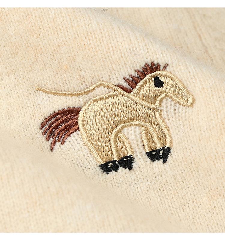 Women's Knitted Wool Cardigan with Round Neck and Small Horse Embroidery - 100% Pure Wool, New Autumn Collection.
