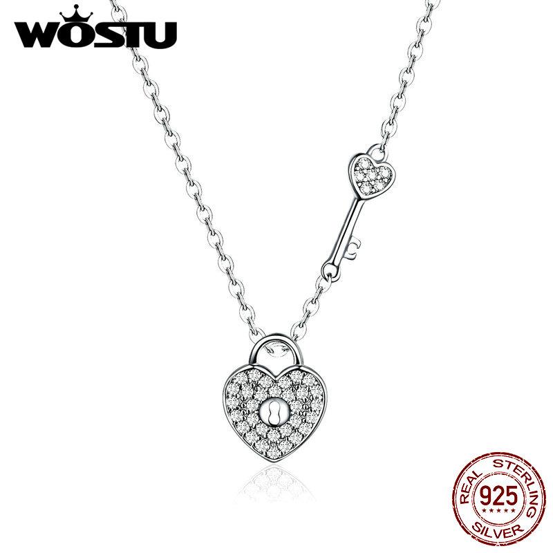 WOSTU 925 Sterling Silver Lock Heart Dangle Pendant Heart Highlights Necklaces Dazzling CZ Chain For Women 925 Jewelry CQN315