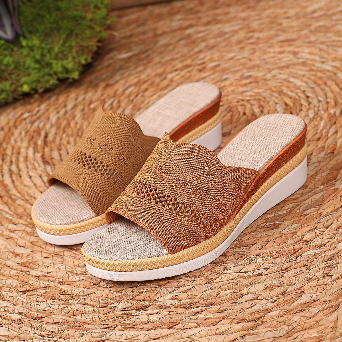 

мода Модные желтые вязаные женские босоножки на платформе 2024 года, летние дышащие тапочки на танкетке, повседневные туфли на толстой подошве Femme 36 жёлтый