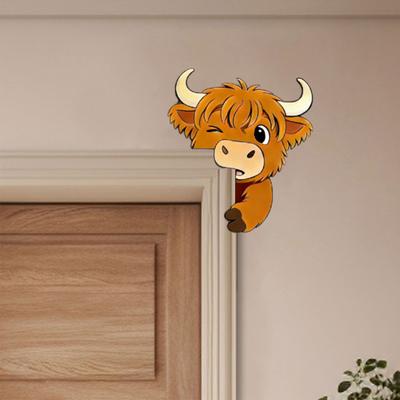 Cute Highland Cow Door Topper Small Wooden Door Frame Corner Sign Cartoon Cattle Computer Monitor Decor for Living Room Bedroom Office