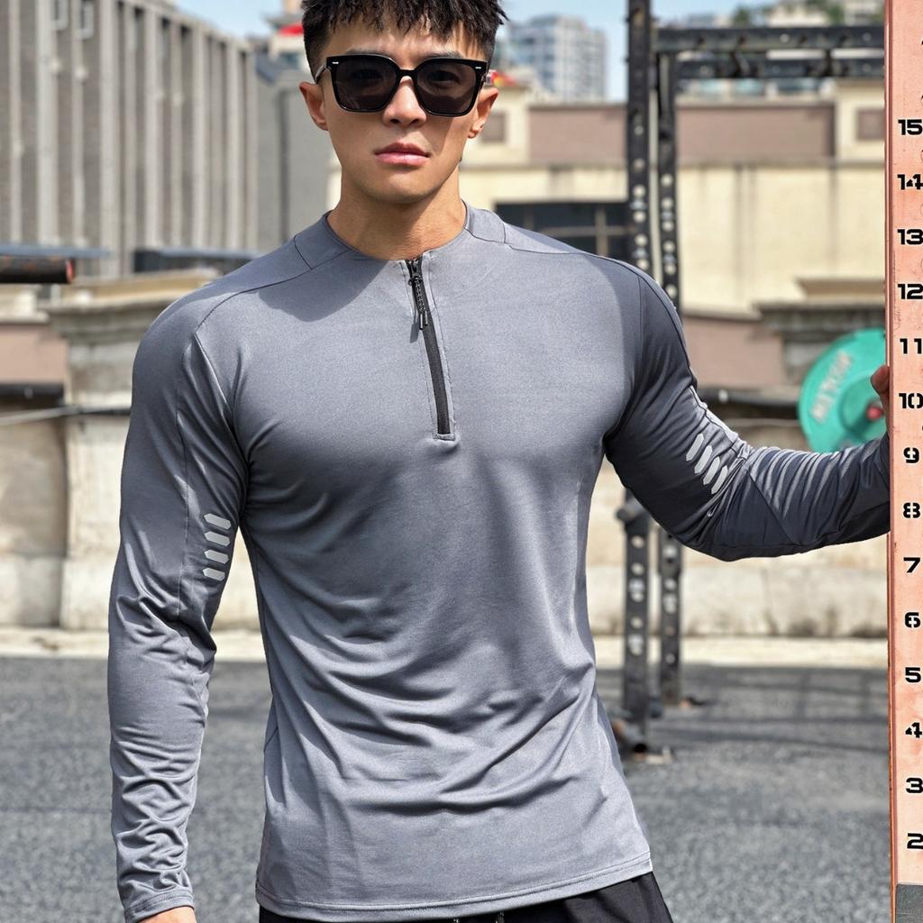 Men’s Long Sleeve Breathable Sports T-shirt Running Cycling Athletic Training Basketball Crew Neck Zipper Top