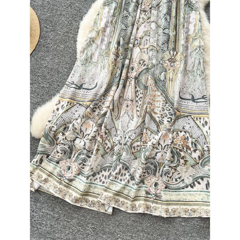 Seaside Holiday Style Dress Women Summer Design Sense Niche Hollow Waist V-neck Sleeveless Print Backless Long Dress