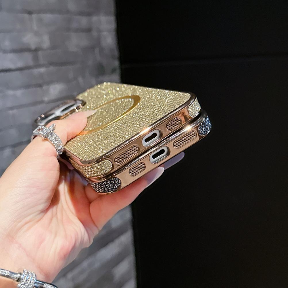 Shiny Rhinestone Glitter Plated Border Magnetic Ring Case for iPhone 16 Pro Max 15 Plus 14 + 13 Pro 12 11 Lens Protection Cover