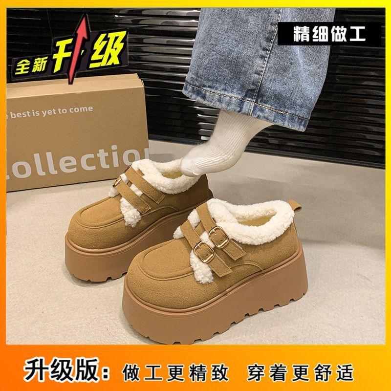 Snow Boots Women's Thick-soled Heightening Velvet Warm Small Leather Shoes Women's 2025 Autumn and Winter New Versatile One-pedal Cotton Shoes