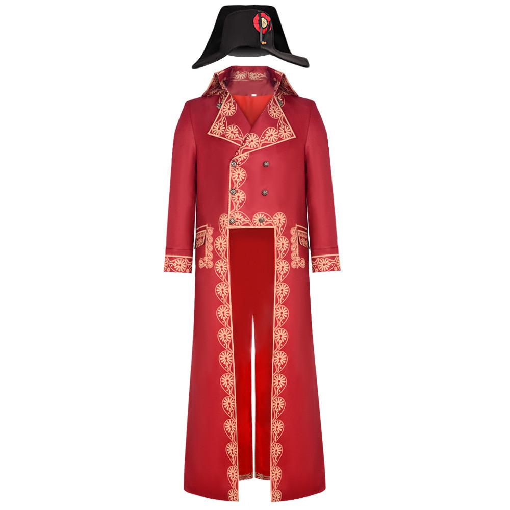 2023 Napoleon Cosplay Costume Retro Medieval Court Vintage Polyester Red Coat Hat For Halloween
